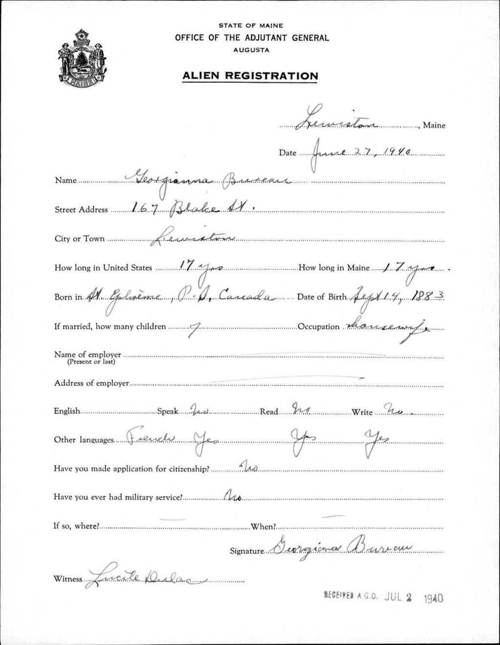 Miniature of Alien Registration- Bureau, Georgianna (Lewiston, Androscoggin County)