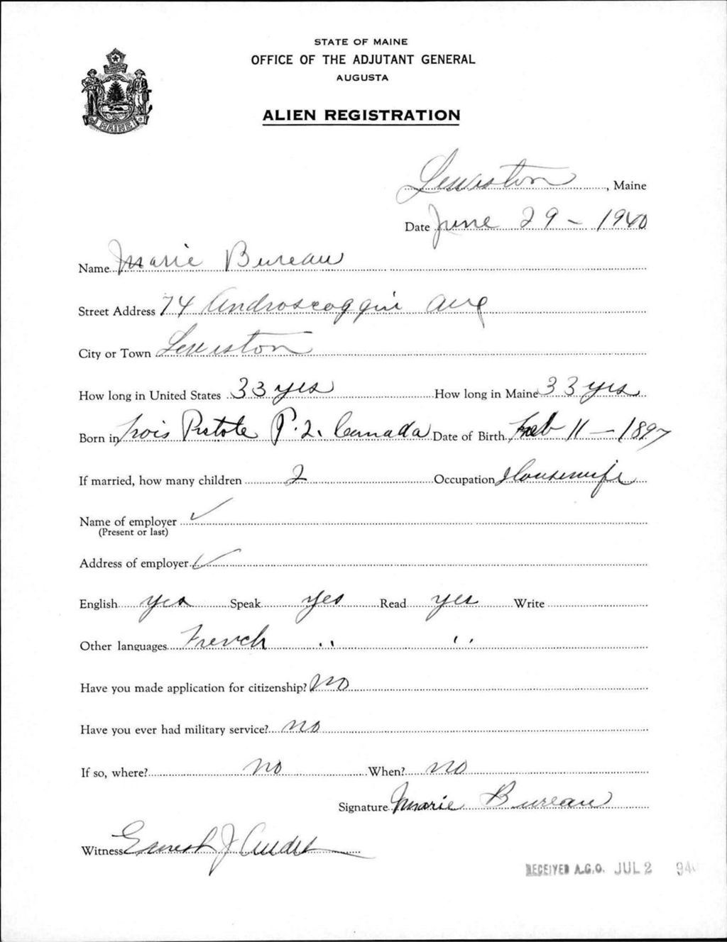 Miniature of Alien Registration- Bureau, Marie (Lewiston, Androscoggin County)