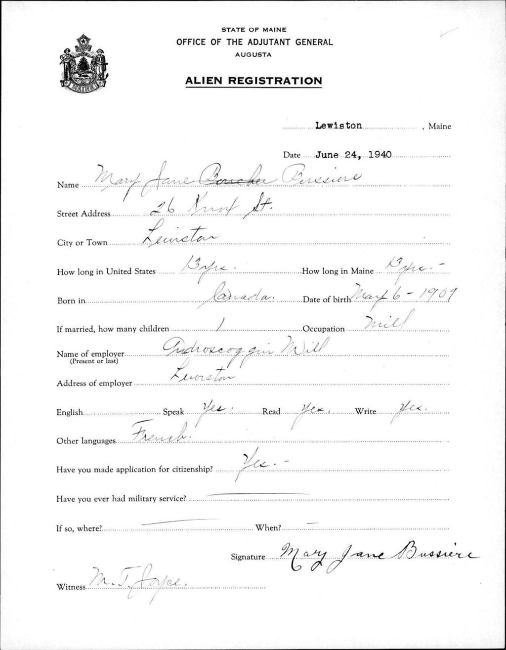 Miniature of Alien Registration- Bussiere, Mary Jane (Lewiston, Androscoggin County)