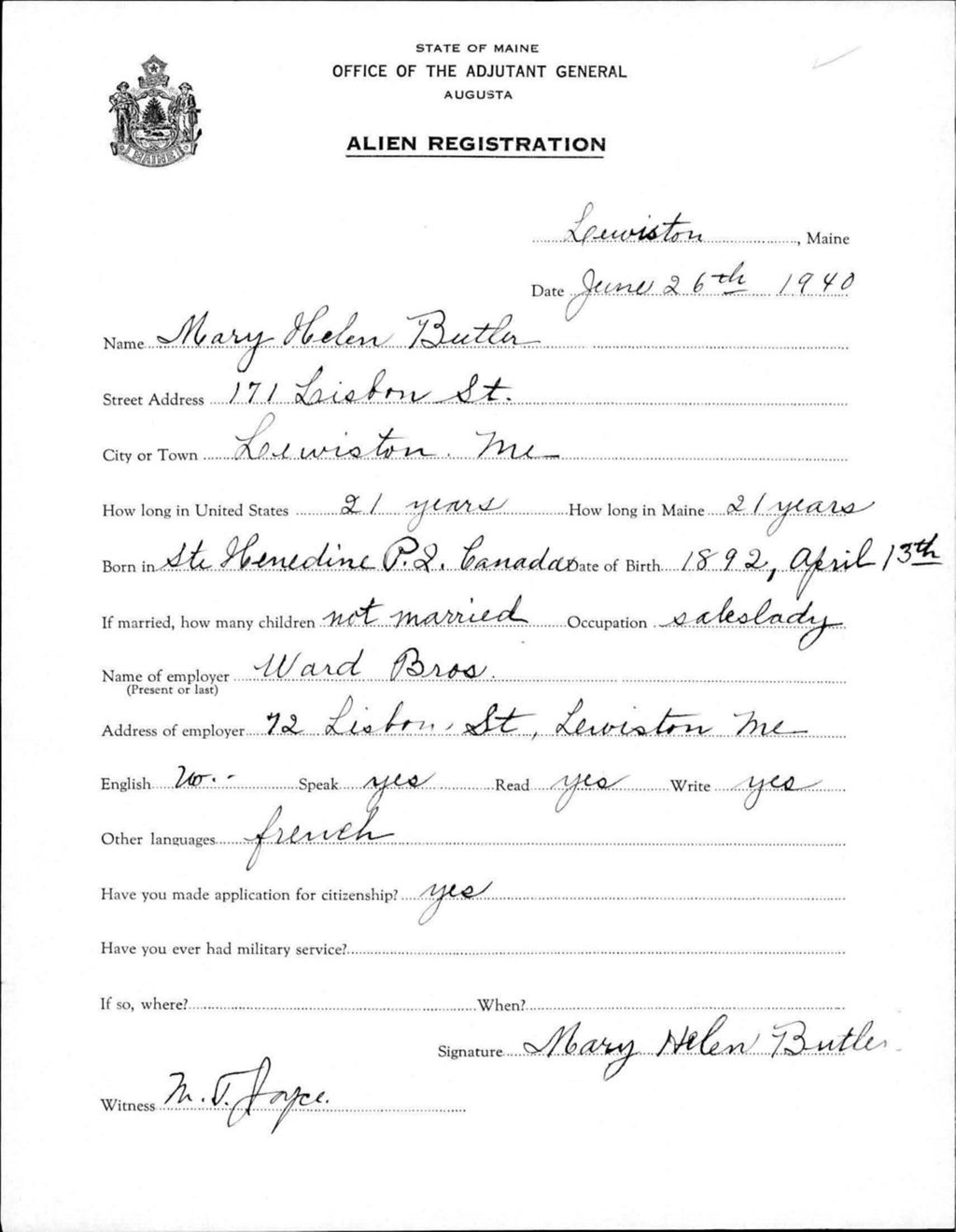 Miniature of Alien Registration- Butler, Mary H. (Lewiston, Androscoggin County)