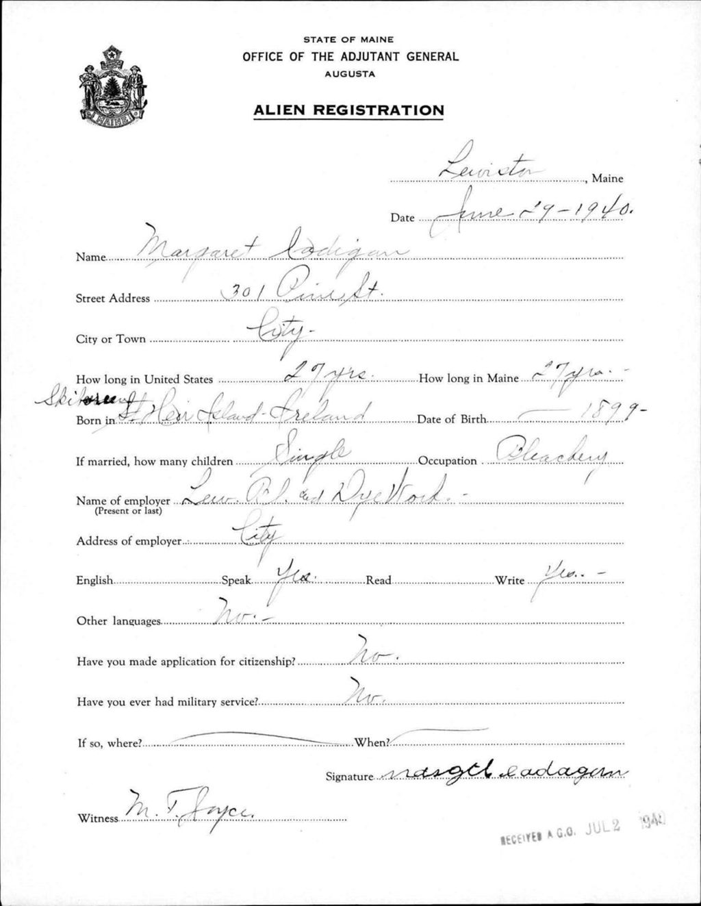 Miniature of Alien Registration- Cadigan, Margaret (Lewiston, Androscoggin County)