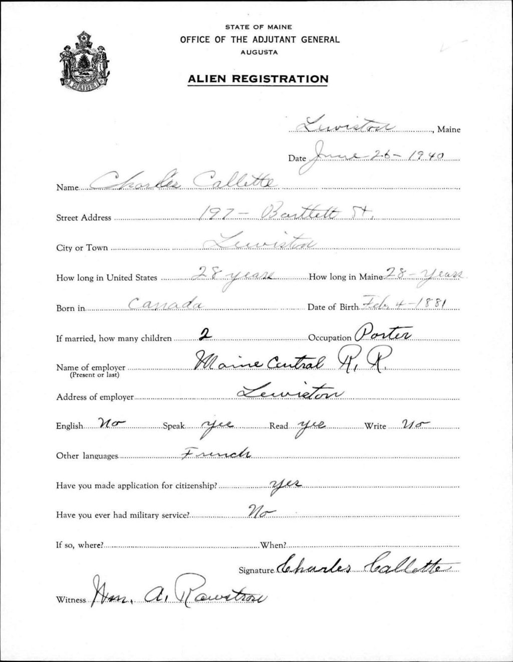 Miniature of Alien Registration- Callette, Charles (Lewiston, Androscoggin County)
