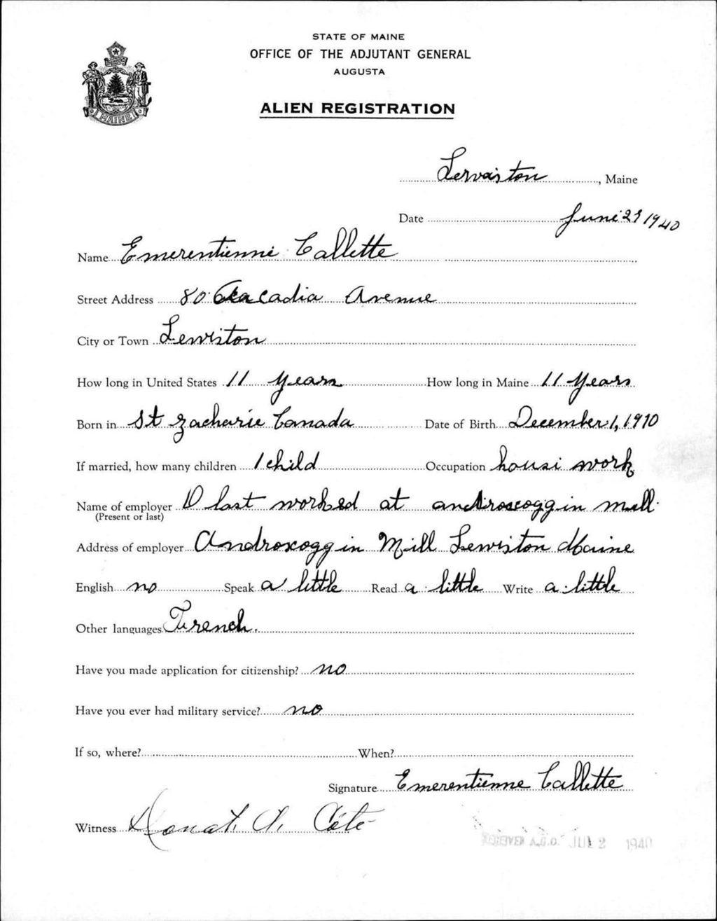 Miniature of Alien Registration- Callette, Emerentieme (Lewiston, Androscoggin County)