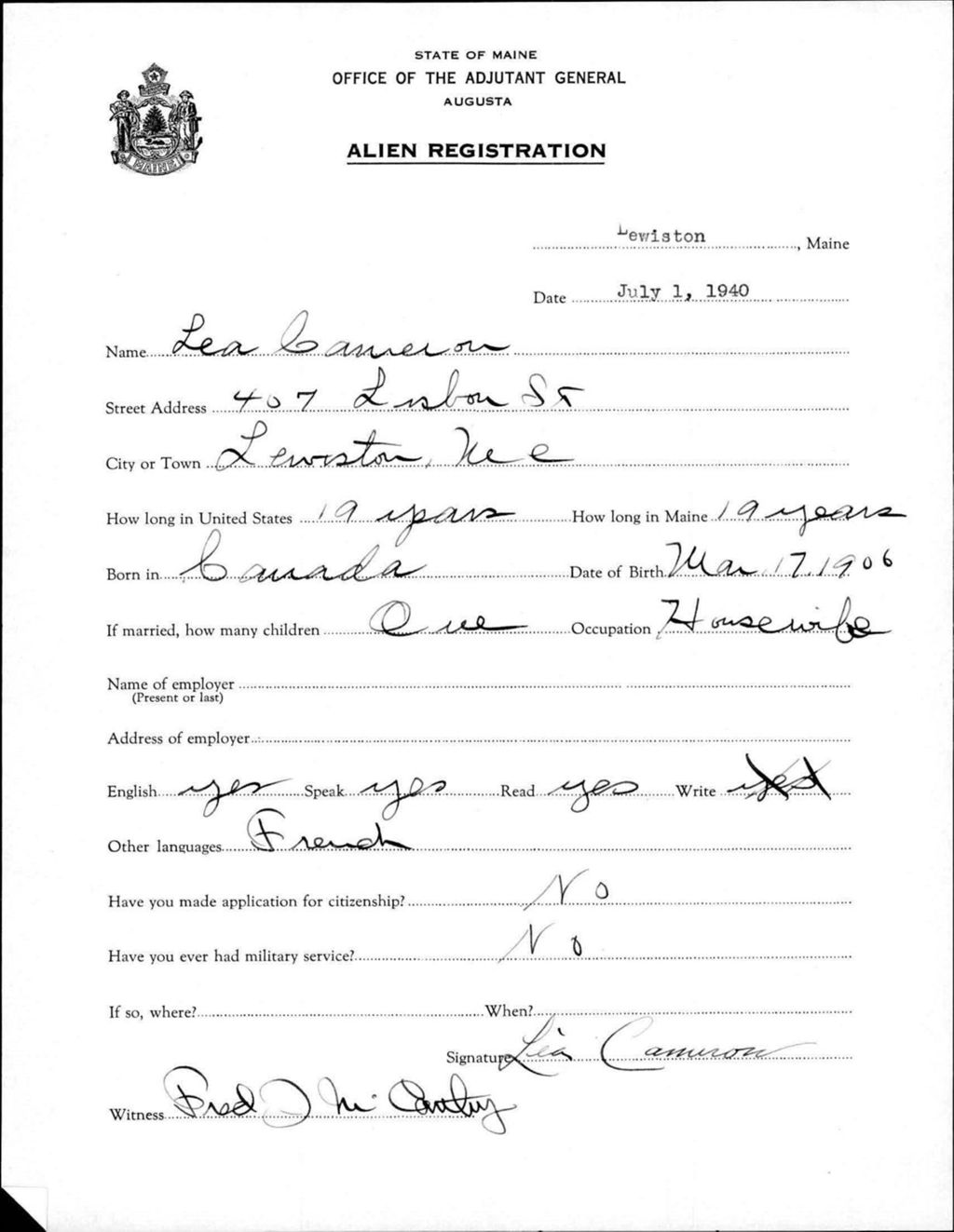 Miniature of Alien Registration- Cameron, Lea (Lewiston, Androscoggin County)