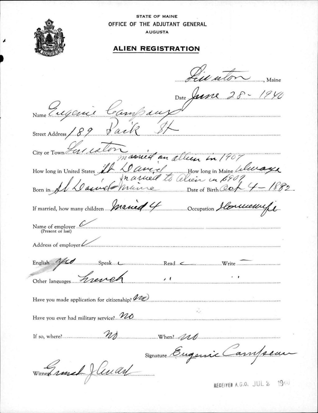 Miniature of Alien Registration- Campaux, Eugenie (Lewiston, Androscoggin County)