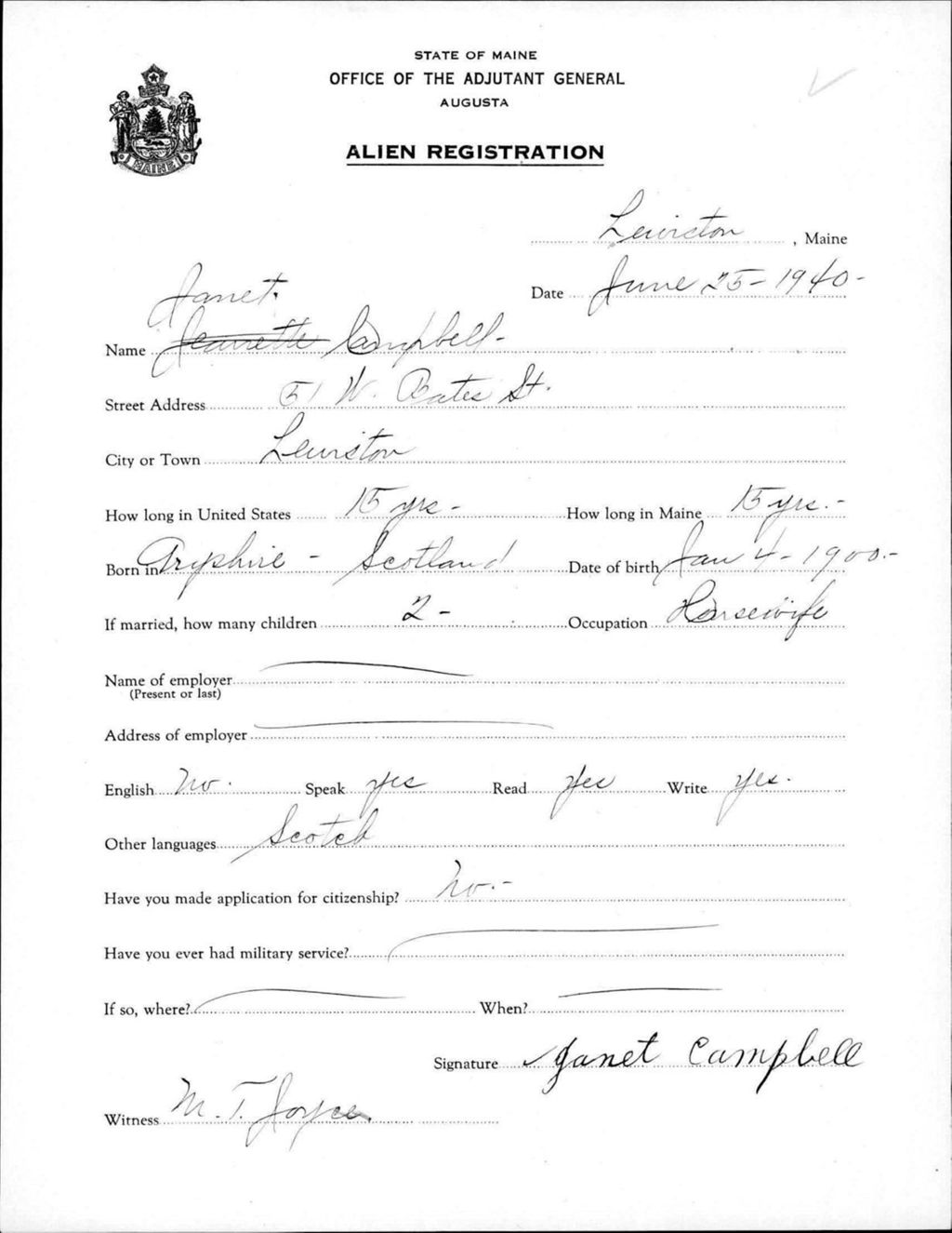 Miniature of Alien Registration- Campbell, Janet (Lewiston, Androscoggin County)