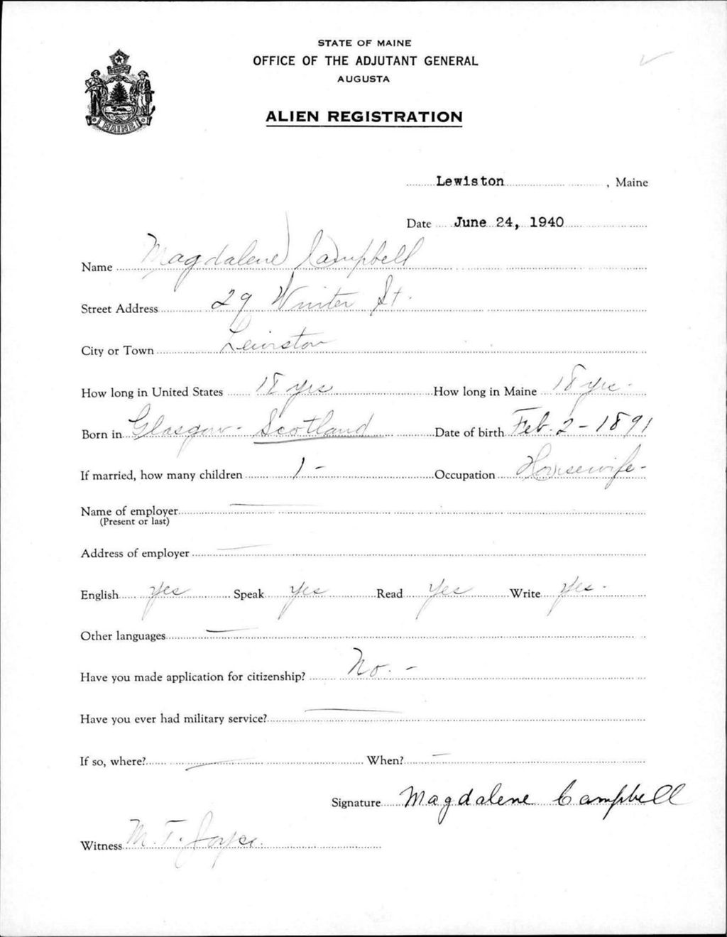 Miniature of Alien Registration- Campbell, Magdalene (Lewiston, Androscoggin County)