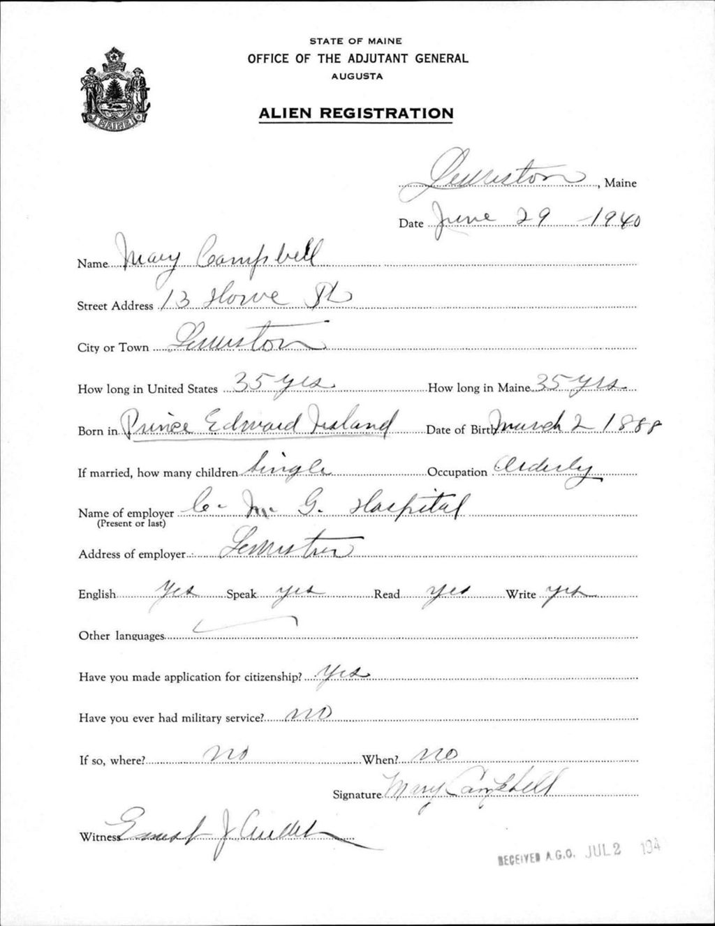 Miniature of Alien Registration- Campbell, Mary (Lewiston, Androscoggin County)