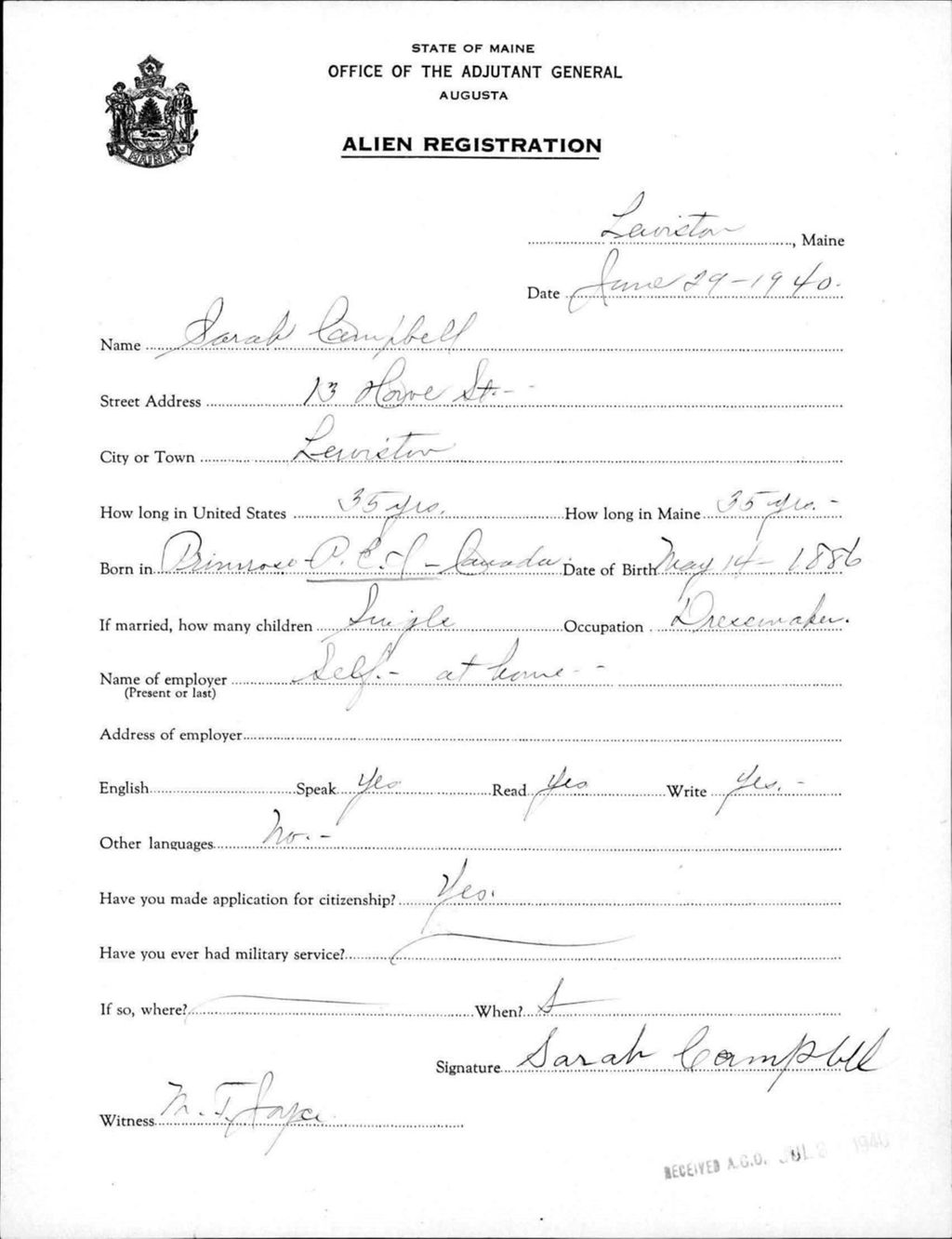 Miniature of Alien Registration- Campbell, Sarah (Lewiston, Androscoggin County)