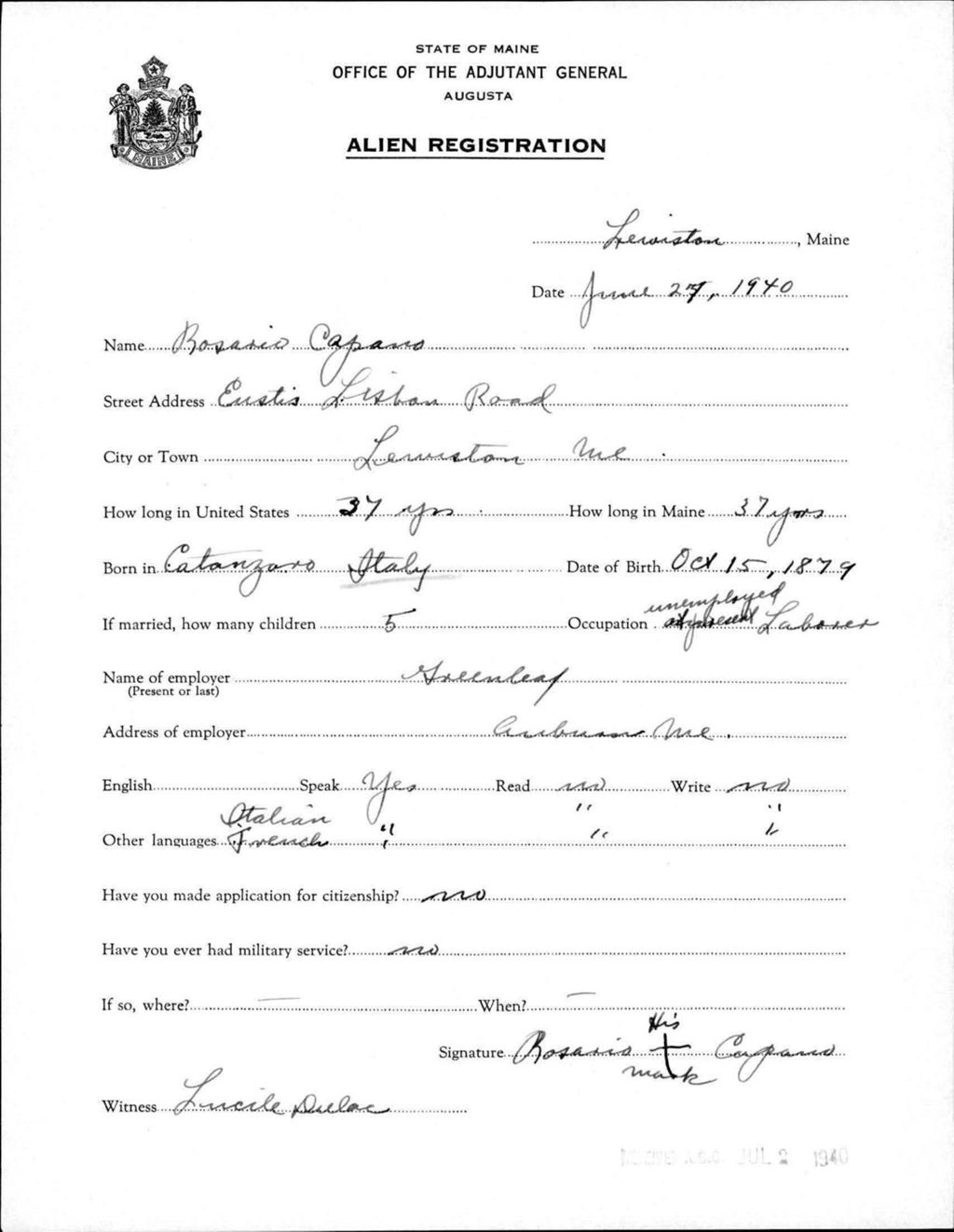Miniature of Alien Registration- Capano, Rosario (Lewiston, Androscoggin County)
