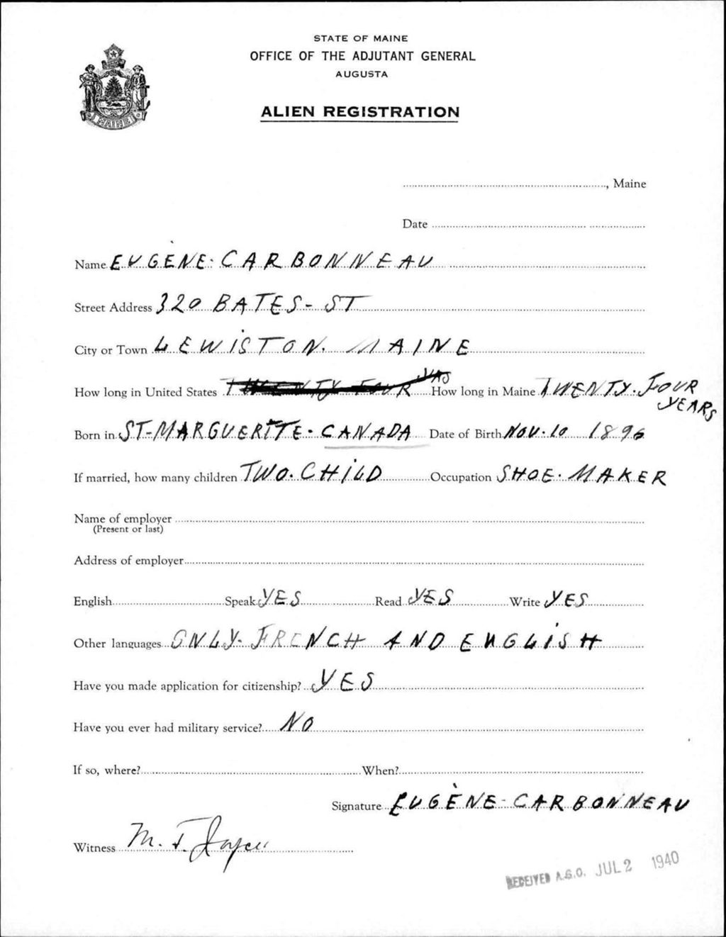 Miniature of Alien Registration- Carbonneau, Eugene (Lewiston, Androscoggin County)