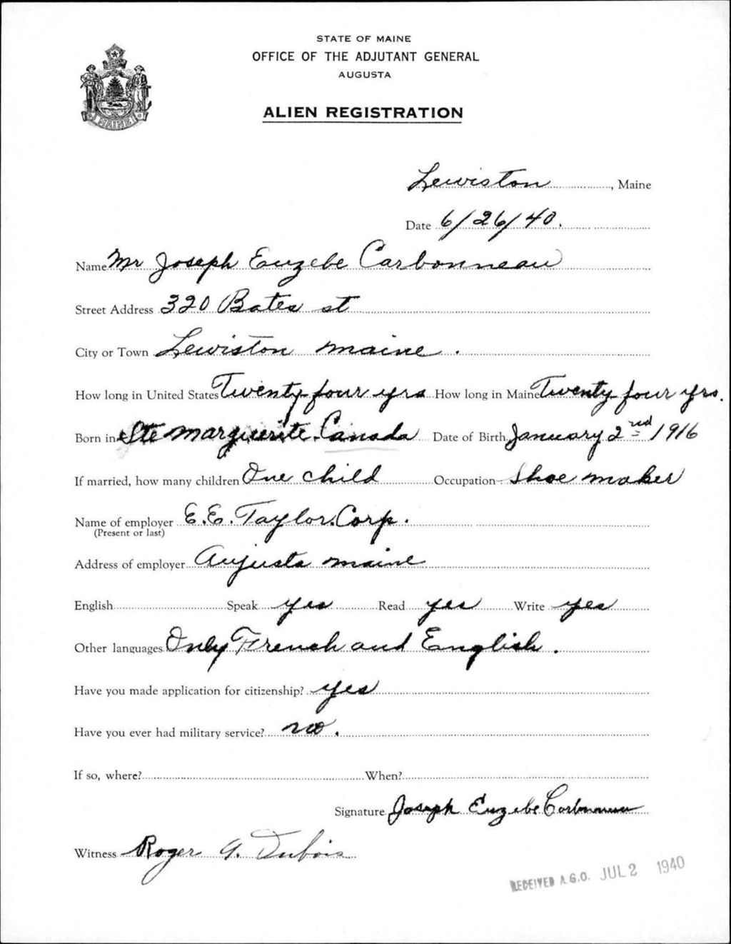 Miniature of Alien Registration- Carbonneau, Joseph E. (Lewiston, Androscoggin County)