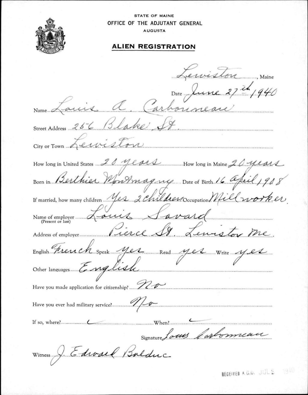 Miniature of Alien Registration- Carbonneau, Louis A. (Lewiston, Androscoggin County)