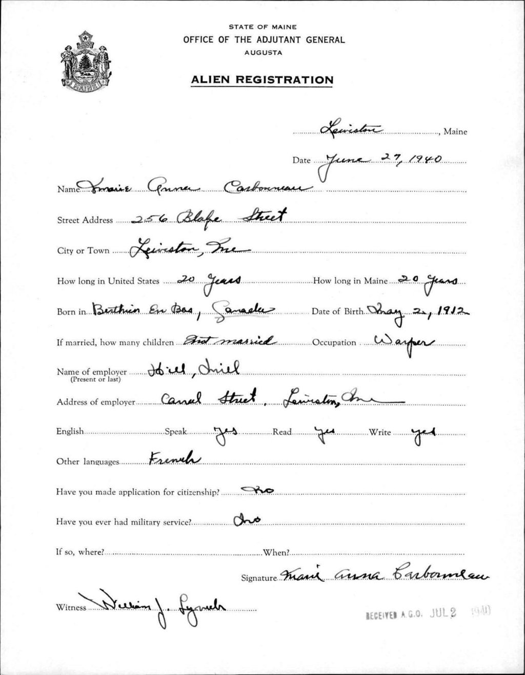 Miniature of Alien Registration- Carbonneau, Marie A. (Lewiston, Androscoggin County)