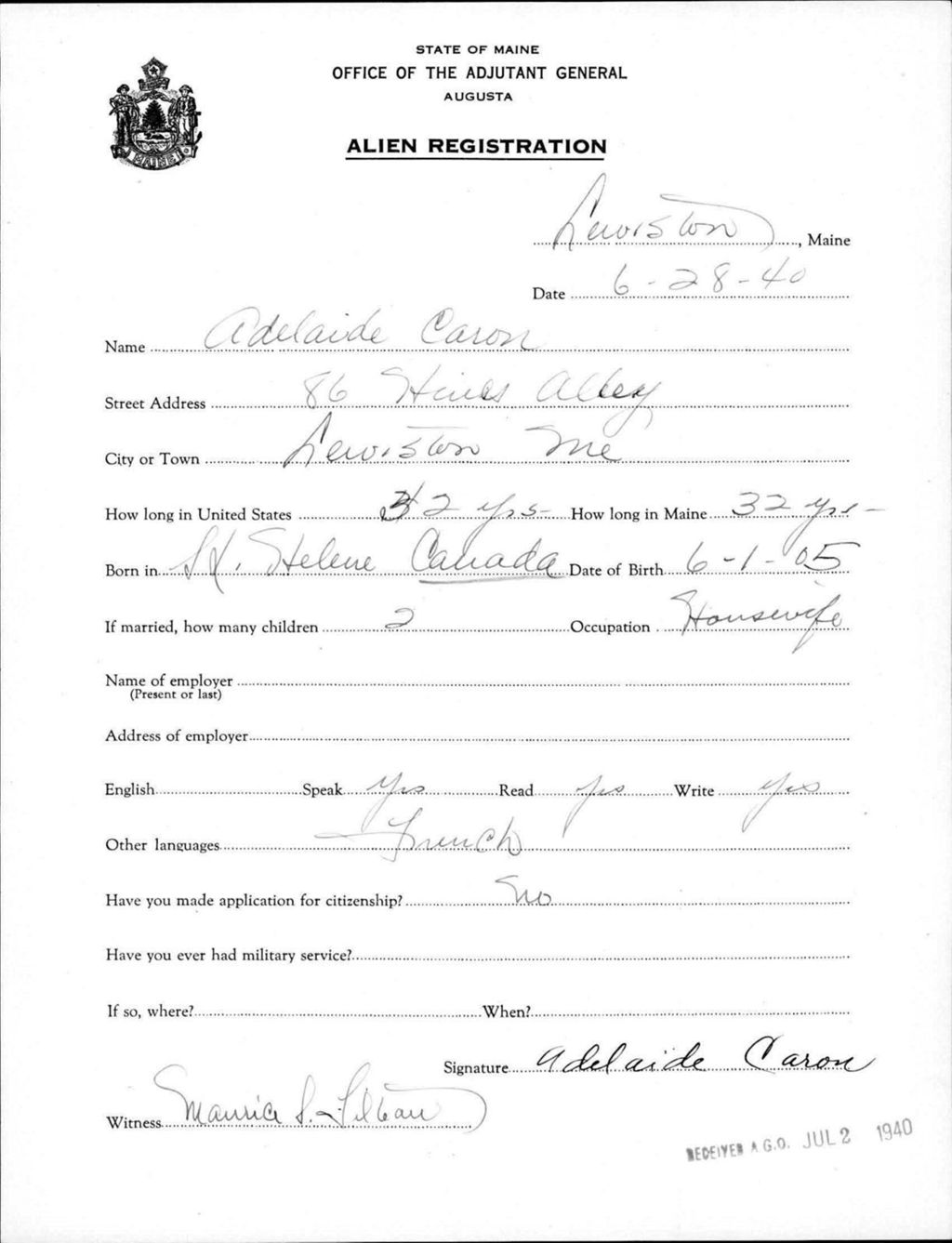 Miniature of Alien Registration- Caron, Adelaide (Lewiston, Androscoggin County)