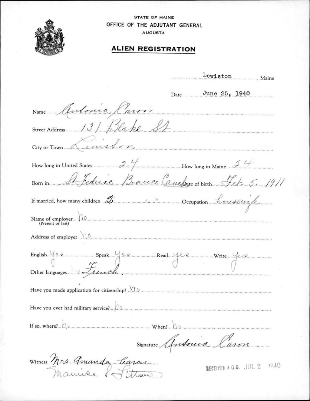 Miniature of Alien Registration- Caron, Ansonia (Lewiston, Androscoggin County)