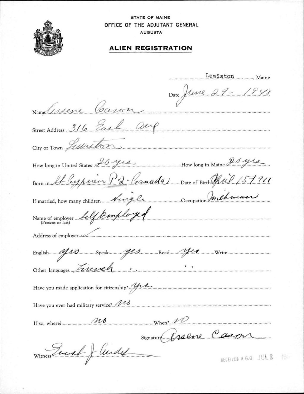 Miniature of Alien Registration- Caron, Arsene (Lewiston, Androscoggin County)