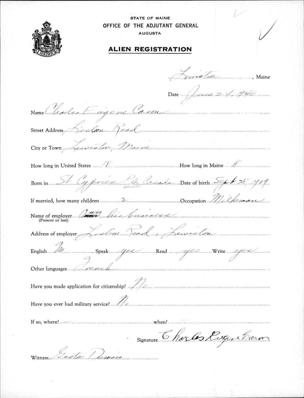 Miniature of Alien Registration- Caron, Charles E. (Lewiston, Androscoggin County)