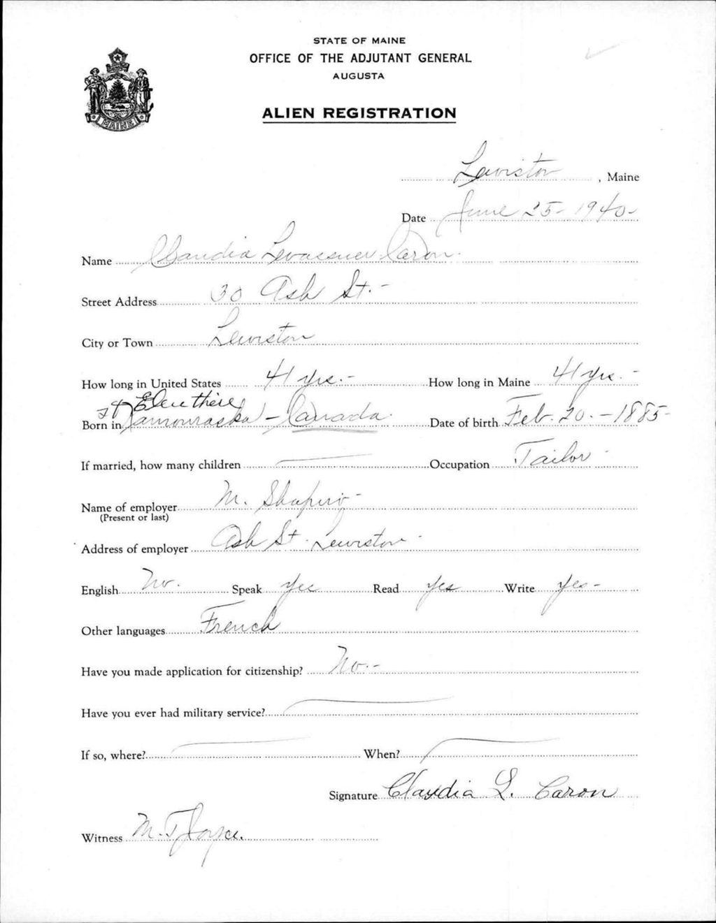 Miniature of Alien Registration- Levassuer, Claudia (Lewiston, Androscoggin County)