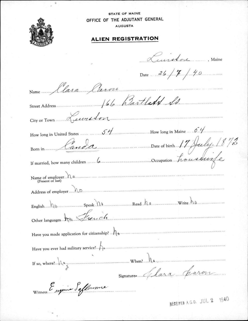 Miniature of Alien Registration- Caron, Clara (Lewiston, Androscoggin County)