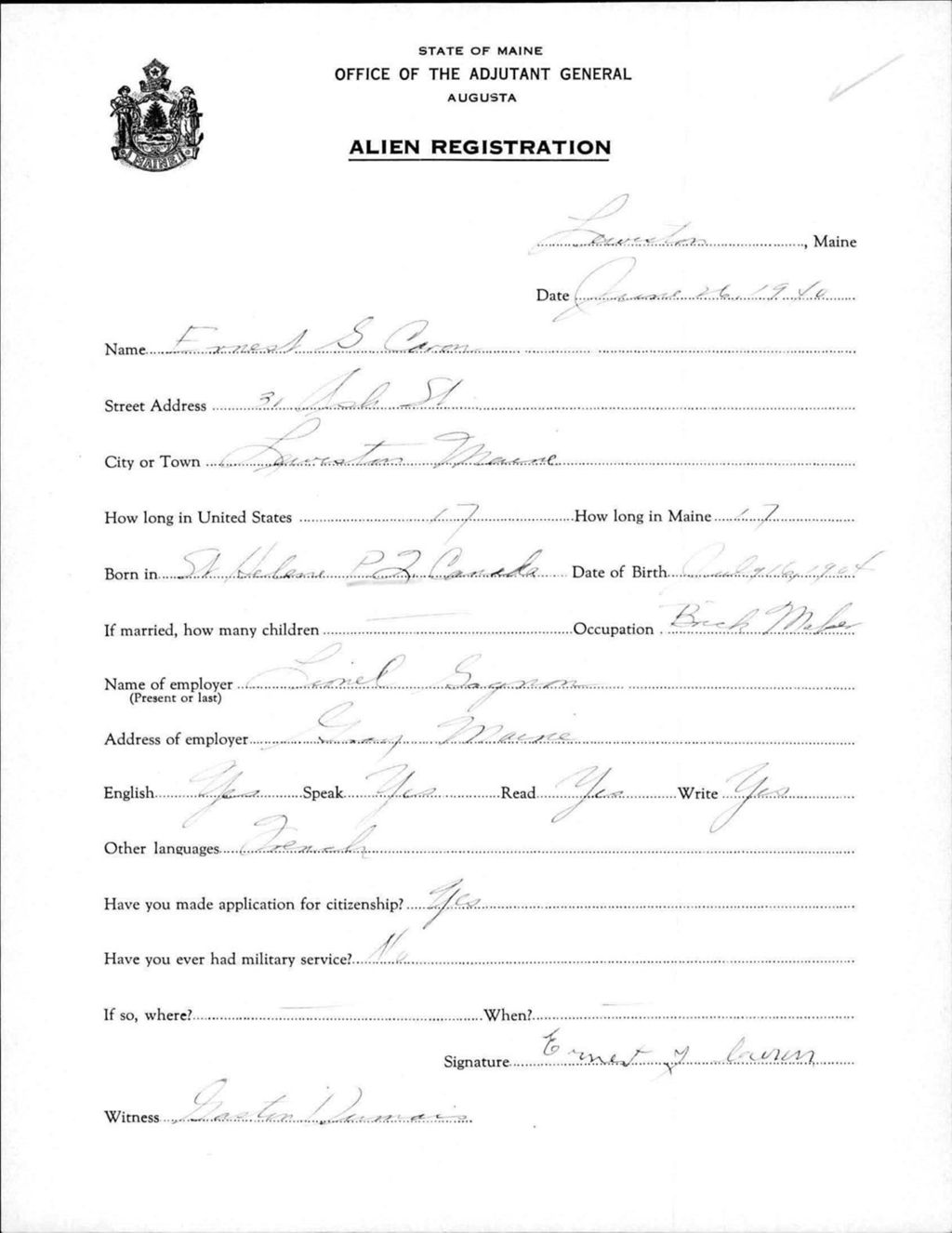 Miniature of Alien Registration- Caron, Ernest S. (Lewiston, Androscoggin County)