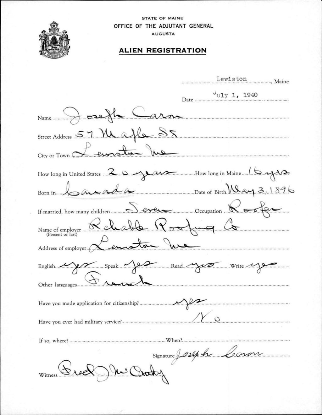 Miniature of Alien Registration- Caron, Joseph (Lewiston, Androscoggin County)