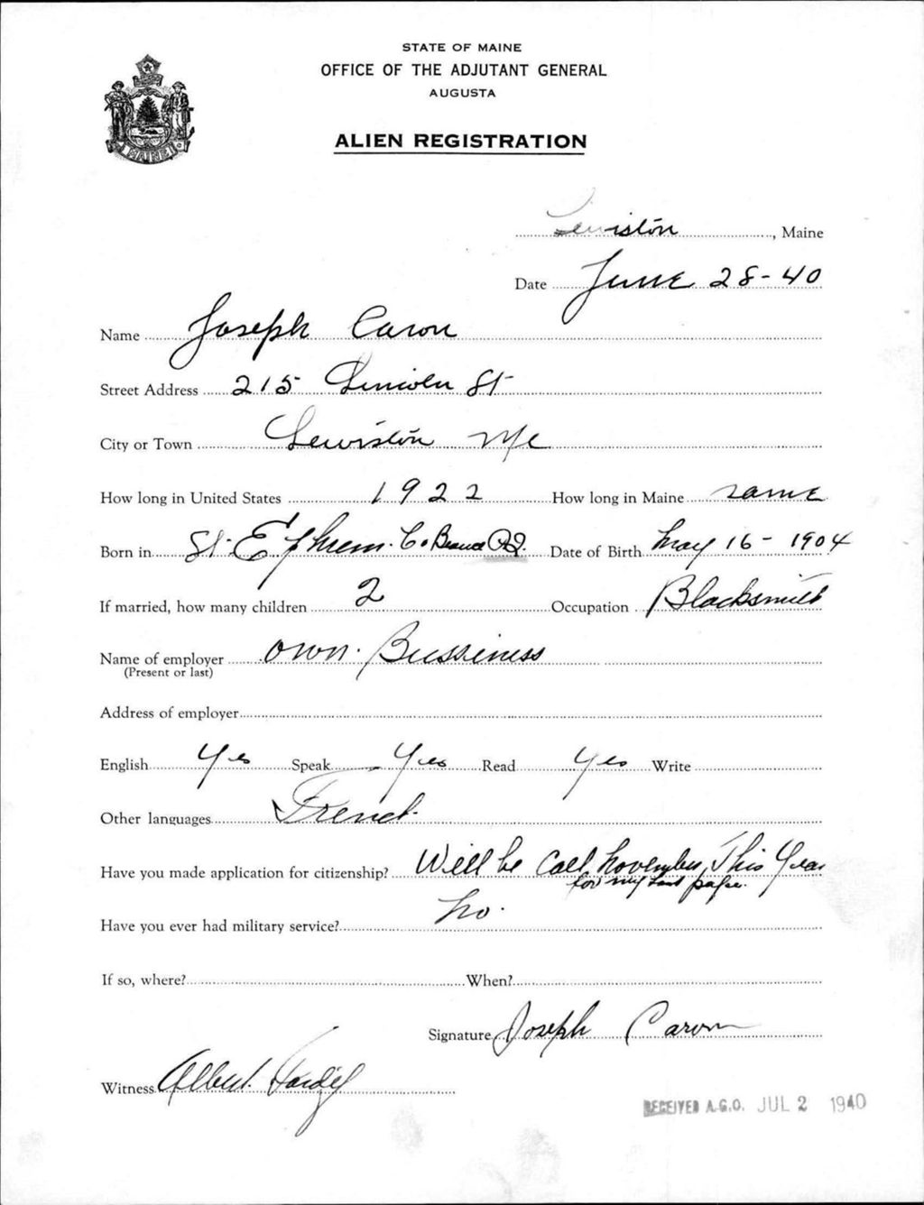 Miniature of Alien Registration- Caron, Joseph (Lewiston, Androscoggin County)
