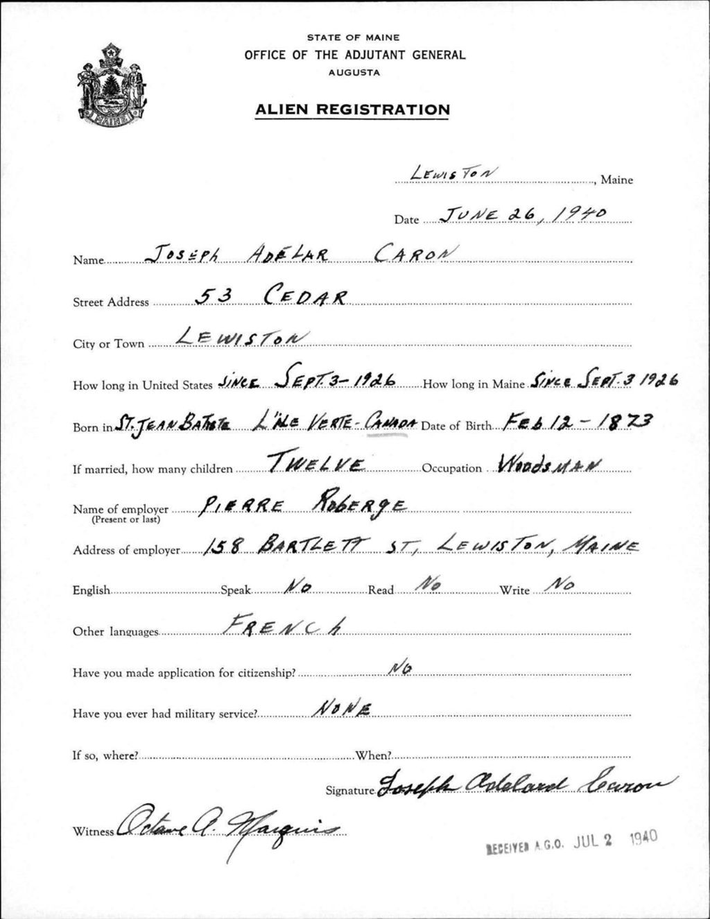 Miniature of Alien Registration- Caron, Joseph A. (Lewiston, Androscoggin County)