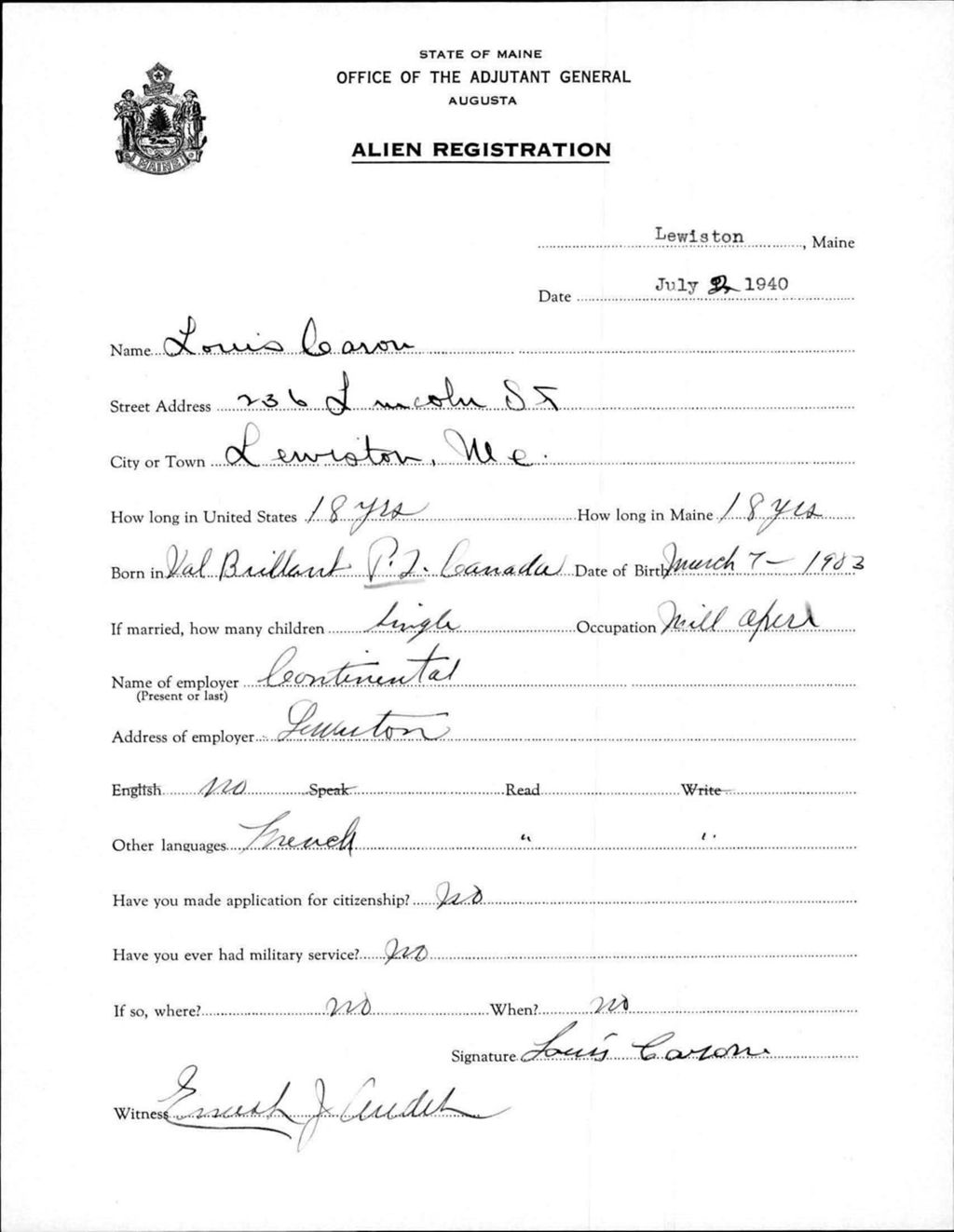 Miniature of Alien Registration- Caron, Louis (Lewiston, Androscoggin County)