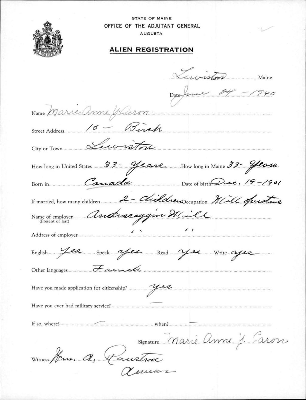 Miniature of Alien Registration- Caron, Marie Anne (Lewiston, Androscoggin County)