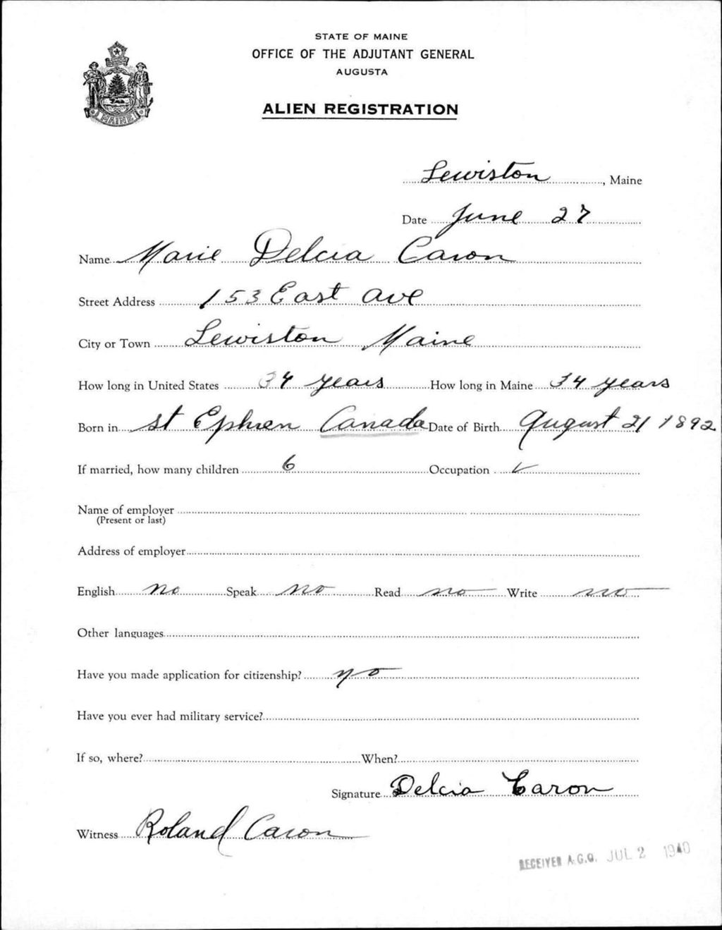 Miniature of Alien Registration- Caron, Marie D. (Lewiston, Androscoggin County)
