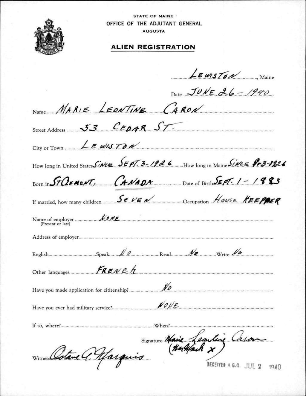 Miniature of Alien Registration- Caron, Marie L. (Lewiston, Androscoggin County)