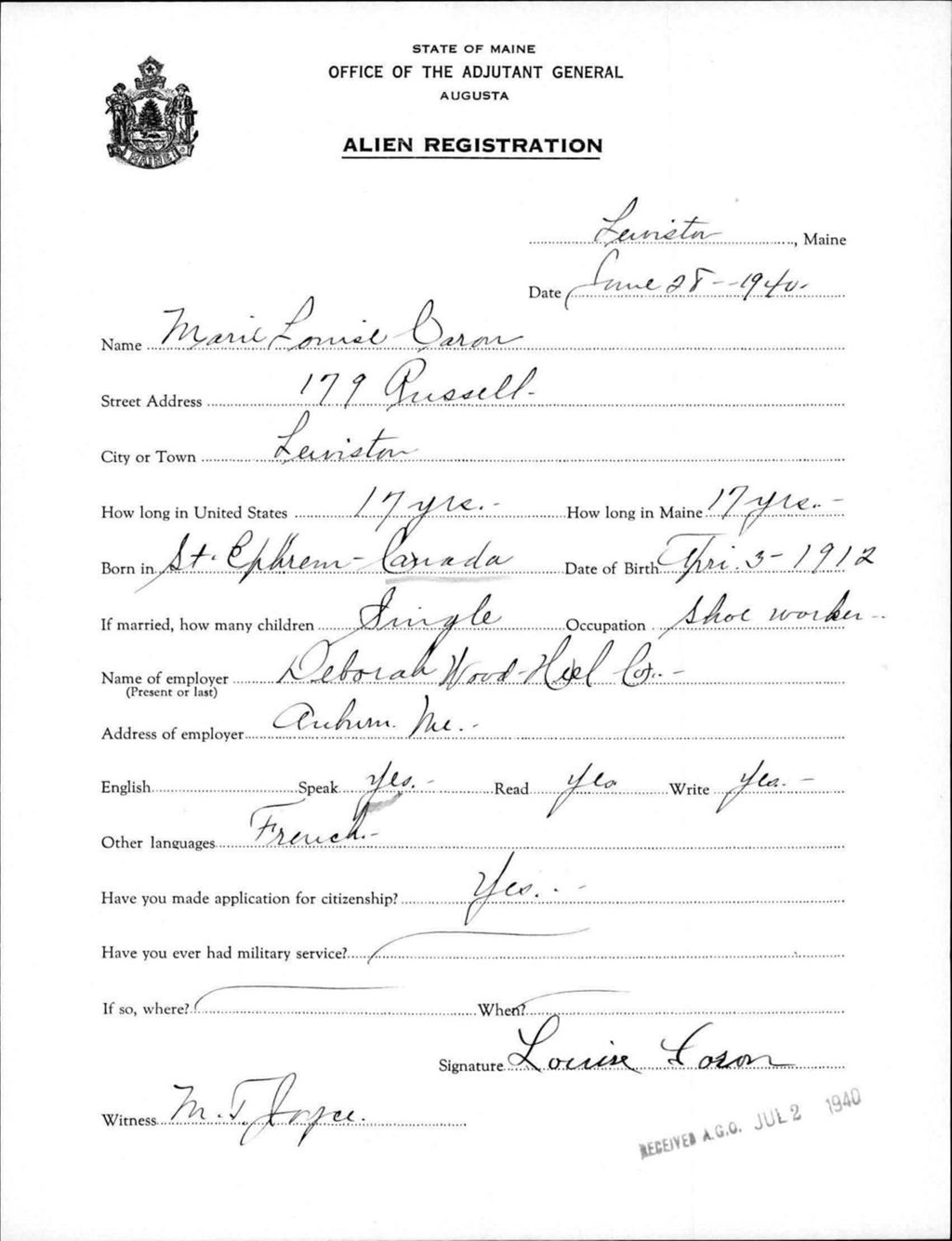 Miniature of Alien Registration- Caron, Marie L. (Lewiston, Androscoggin County)