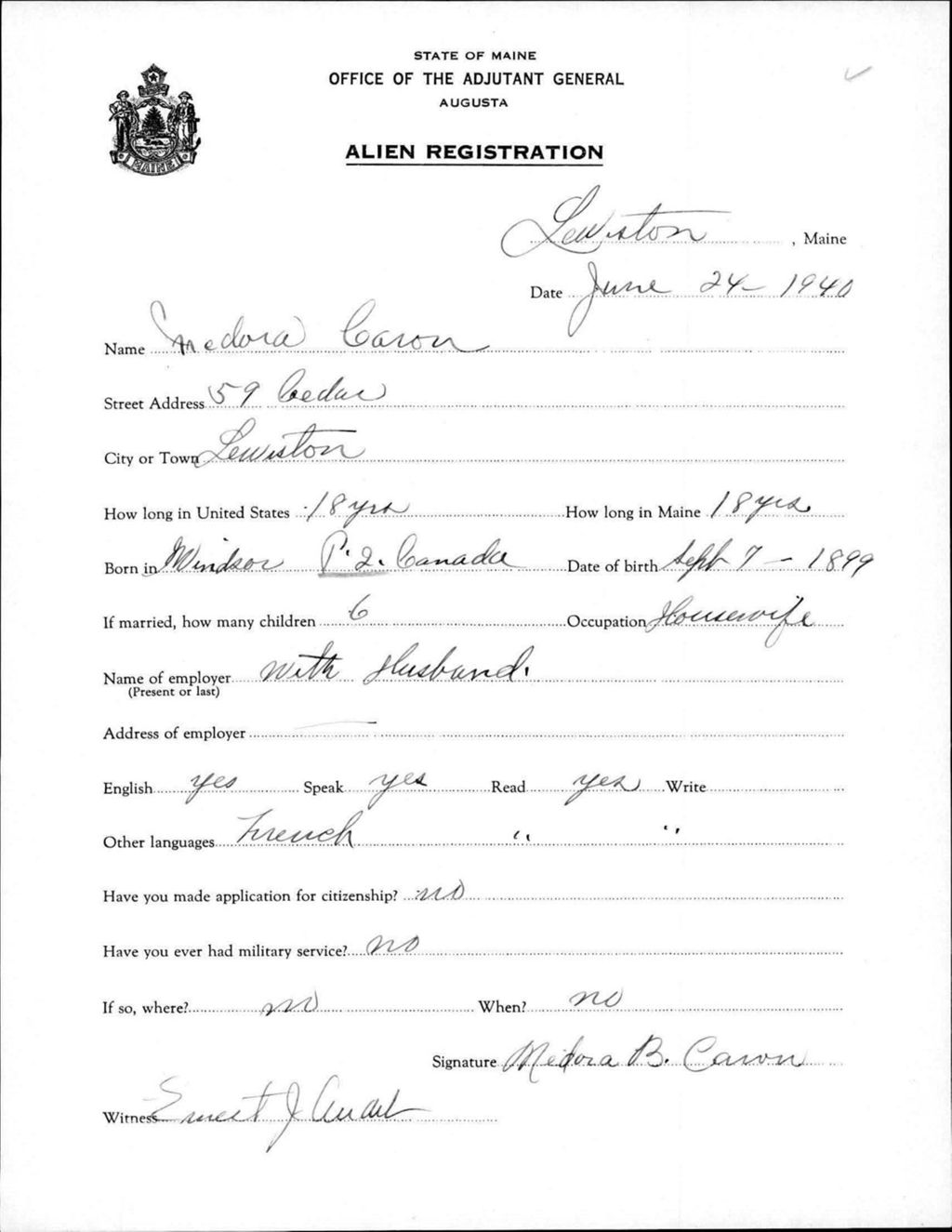 Miniature of Alien Registration- Caron, Medora (Lewiston, Androscoggin County)
