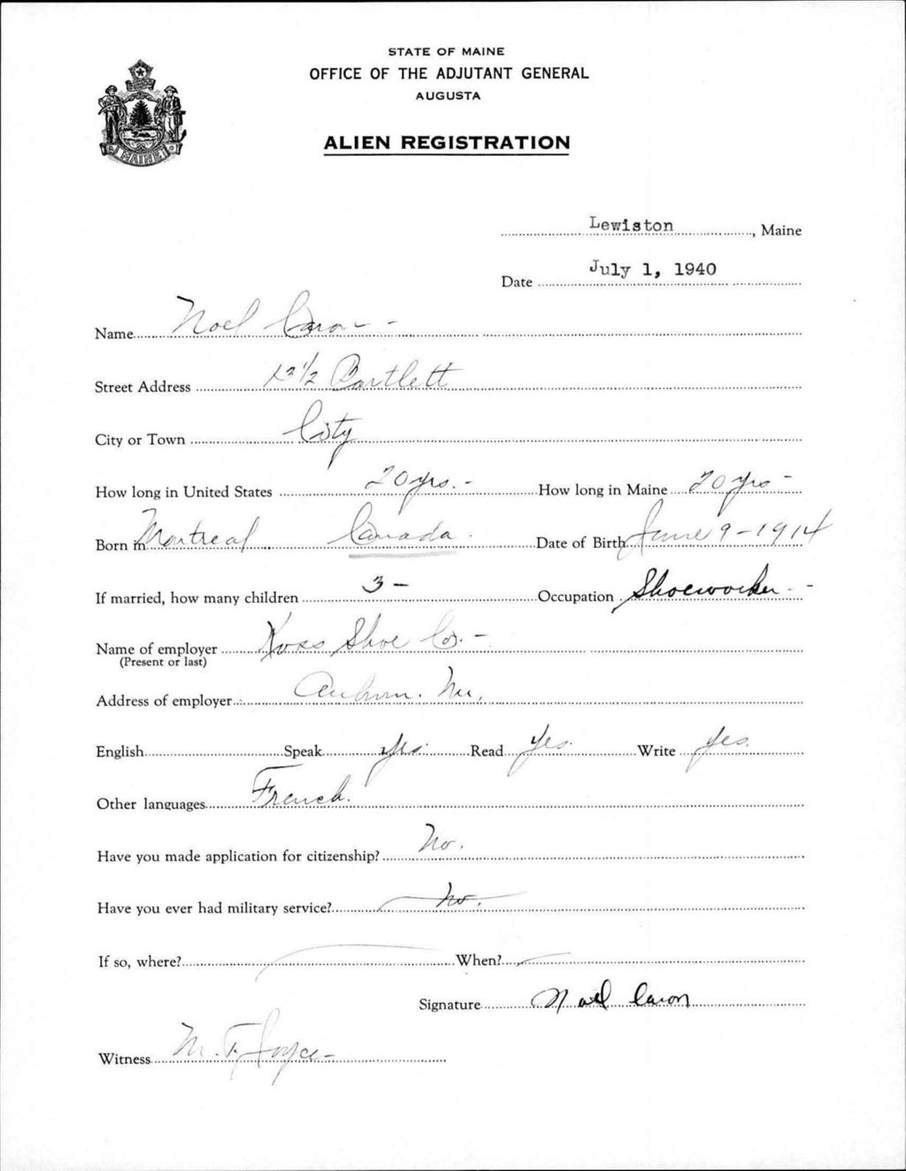 Miniature of Alien Registration- Caron, Noel (Lewiston, Androscoggin County)