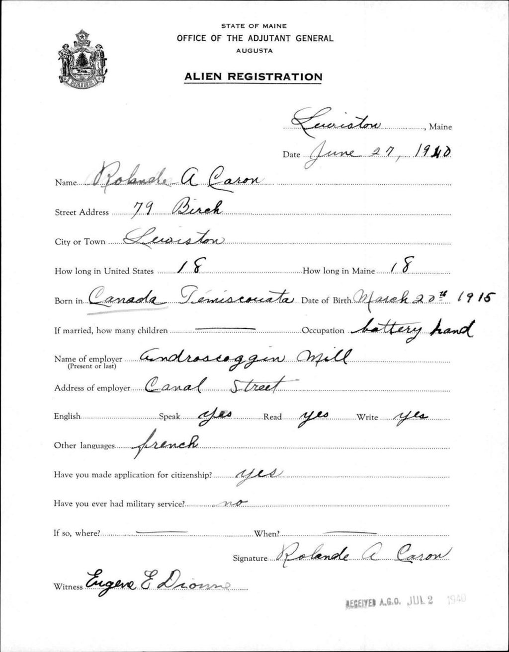 Miniature of Alien Registration- Caron, Rolande A. (Lewiston, Androscoggin County)