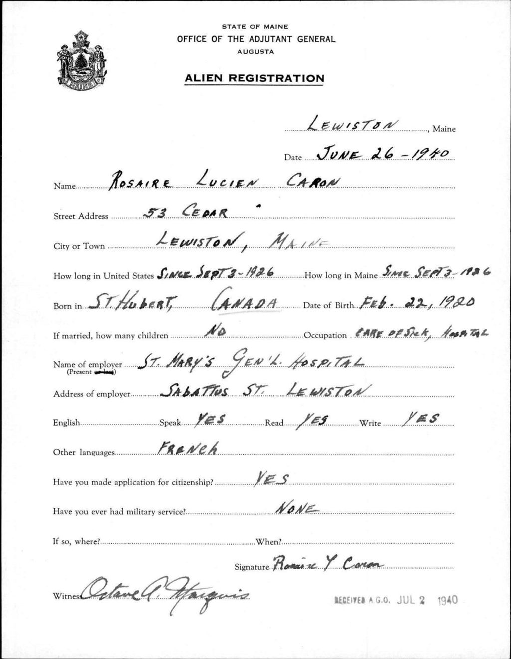 Miniature of Alien Registration- Caron, Rosaire L. (Lewiston, Androscoggin County)