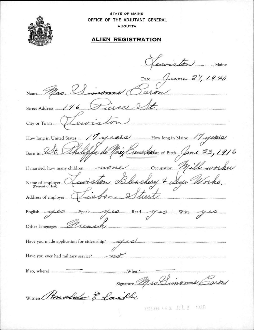 Miniature of Alien Registration- Caron, Simone (Lewiston, Androscoggin County)