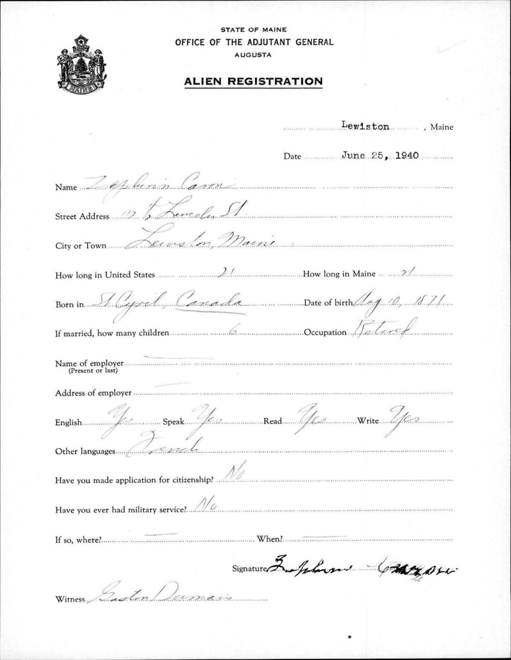 Miniature of Alien Registration- Caron, Zephrin (Lewiston, Androscoggin County)