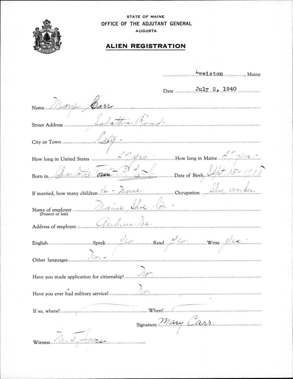 Miniature of Alien Registration- Carr, Mary (Lewiston, Androscoggin County)