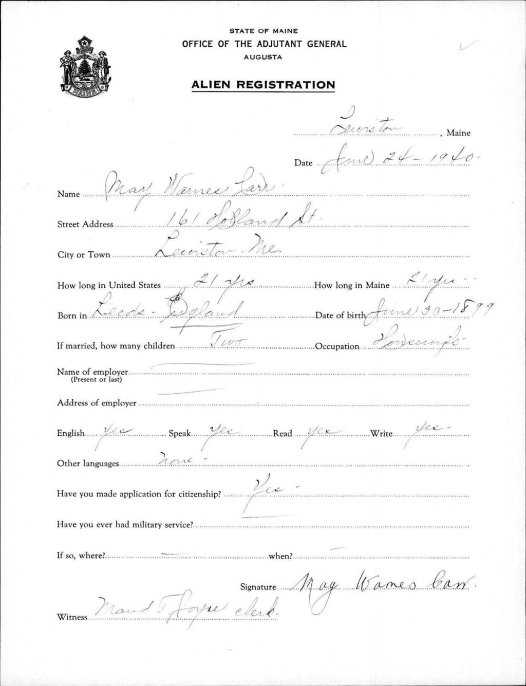 Miniature of Alien Registration- Warnes, Mary (Lewiston, Androscoggin County)