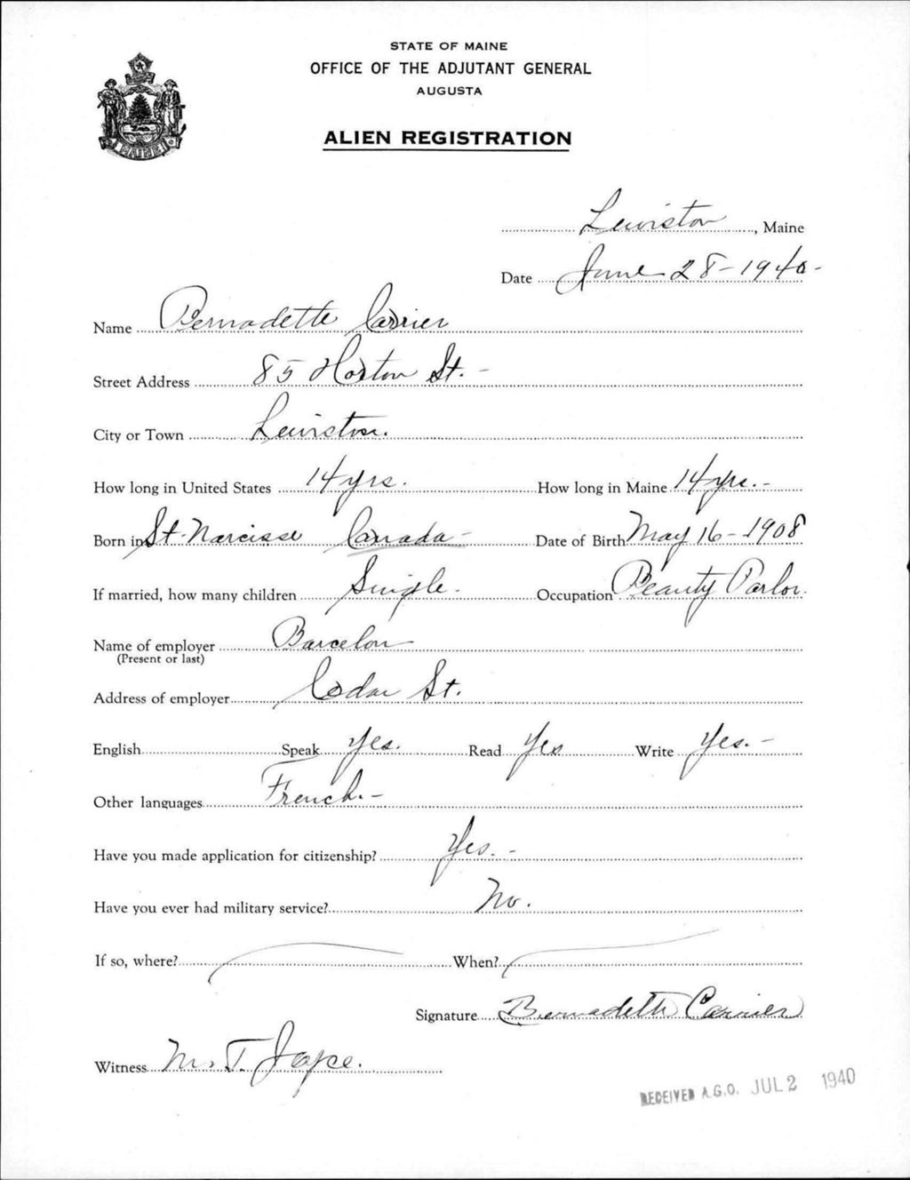 Miniature of Alien Registration- Carrier, Bernadette (Lewiston, Androscoggin County)