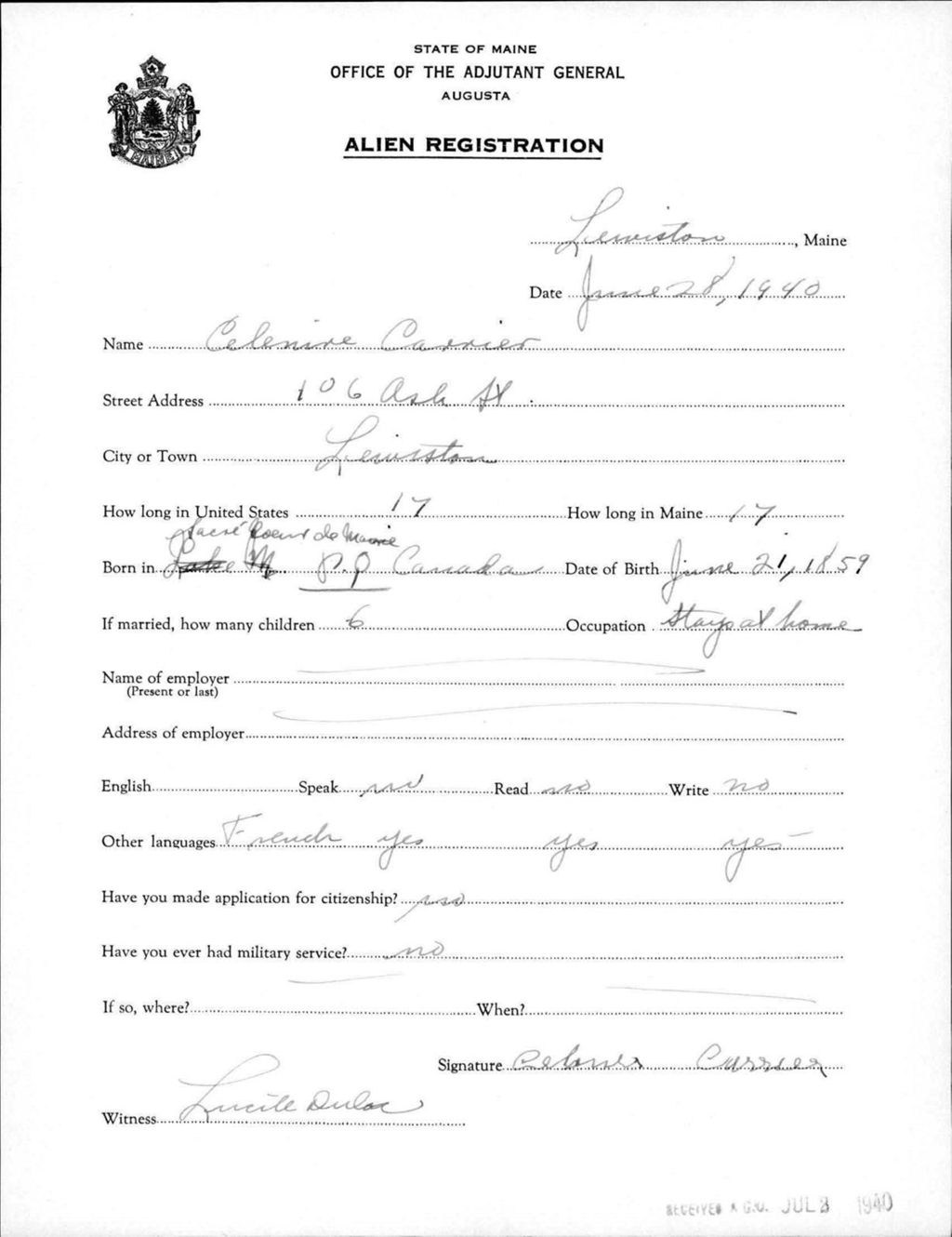 Miniature of Alien Registration- Carrier, Celenire (Lewiston, Androscoggin County)
