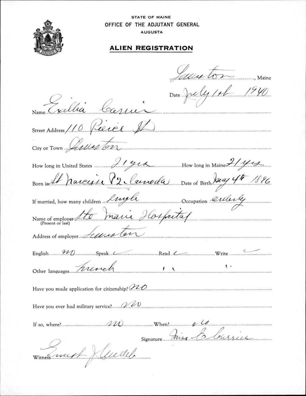 Miniature of Alien Registration- Carrier, Exillia (Lewiston, Androscoggin County)