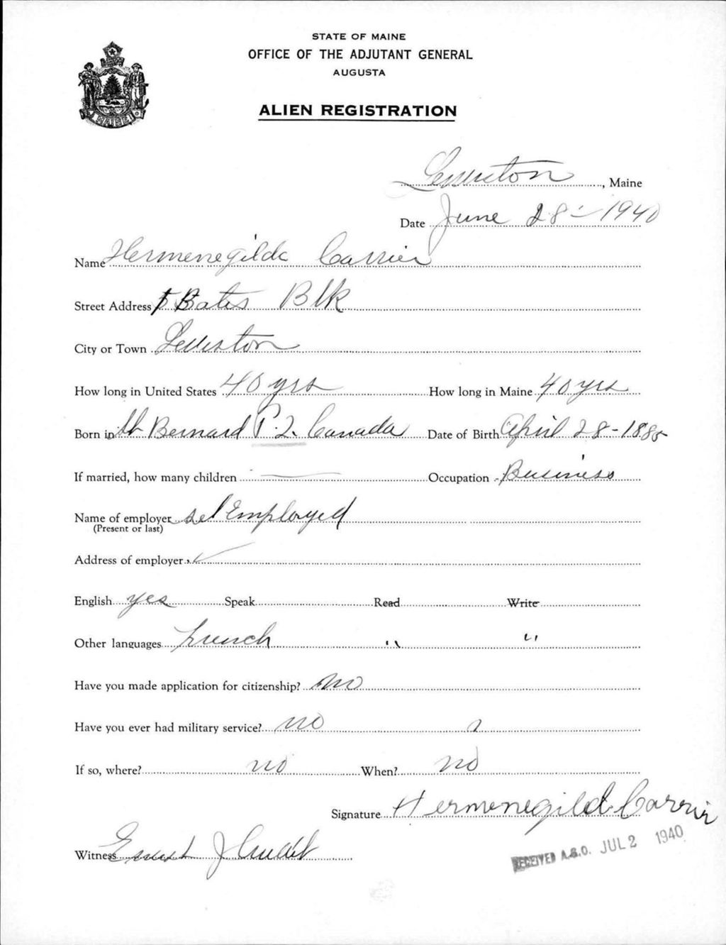 Miniature of Alien Registration- Carrier, Hermenegild (Lewiston, Androscoggin County)