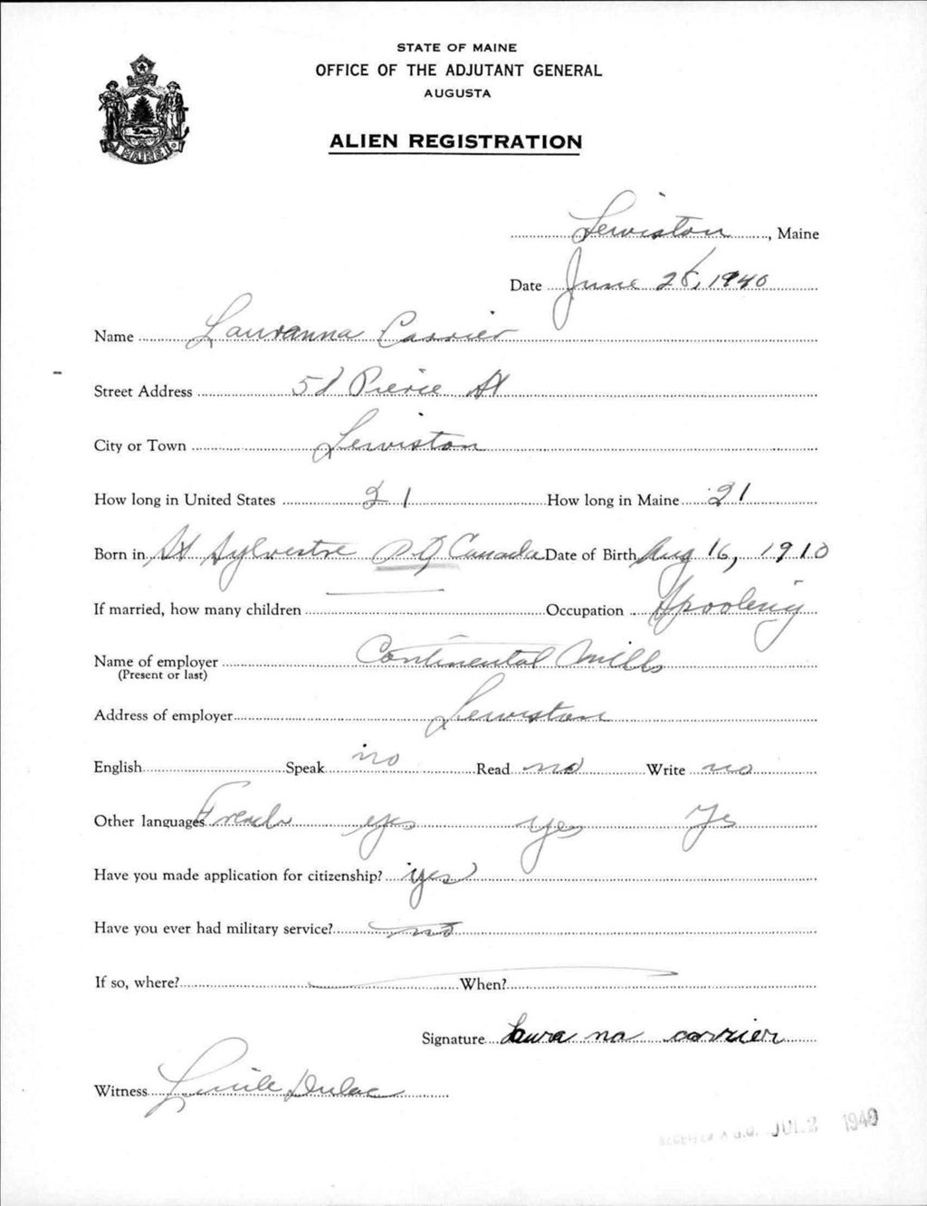 Miniature of Alien Registration- Carrier, Lauranna (Lewiston, Androscoggin County)
