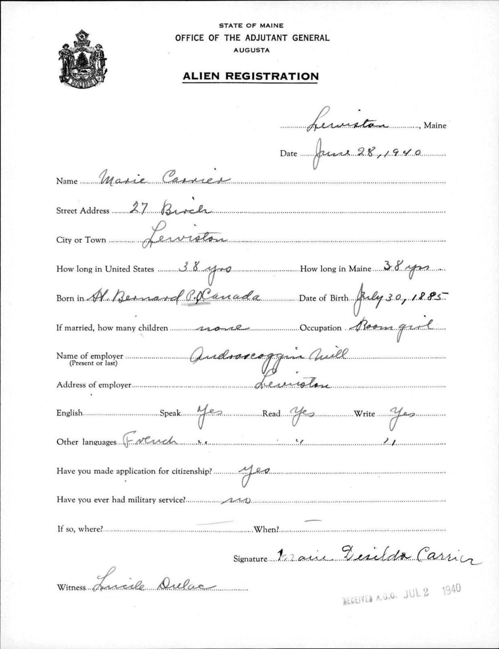 Miniature of Alien Registration- Carrier, Marie (Lewiston, Androscoggin County)