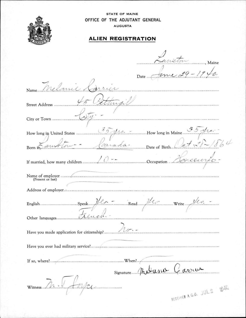 Miniature of Alien Registration- Carrier, Melanie (Lewiston, Androscoggin County)