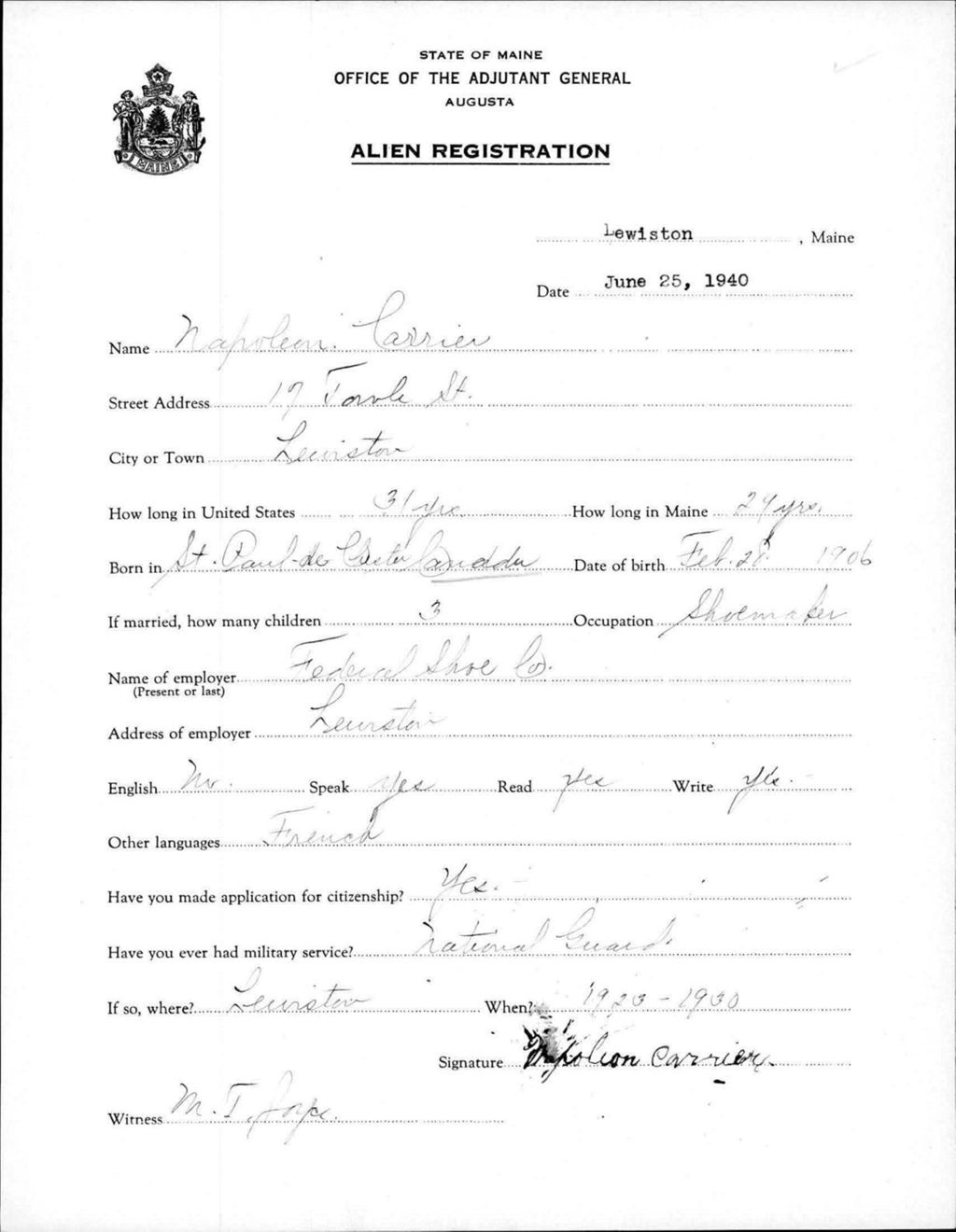 Miniature of Alien Registration- Carrier, Napoleon (Lewiston, Androscoggin County)