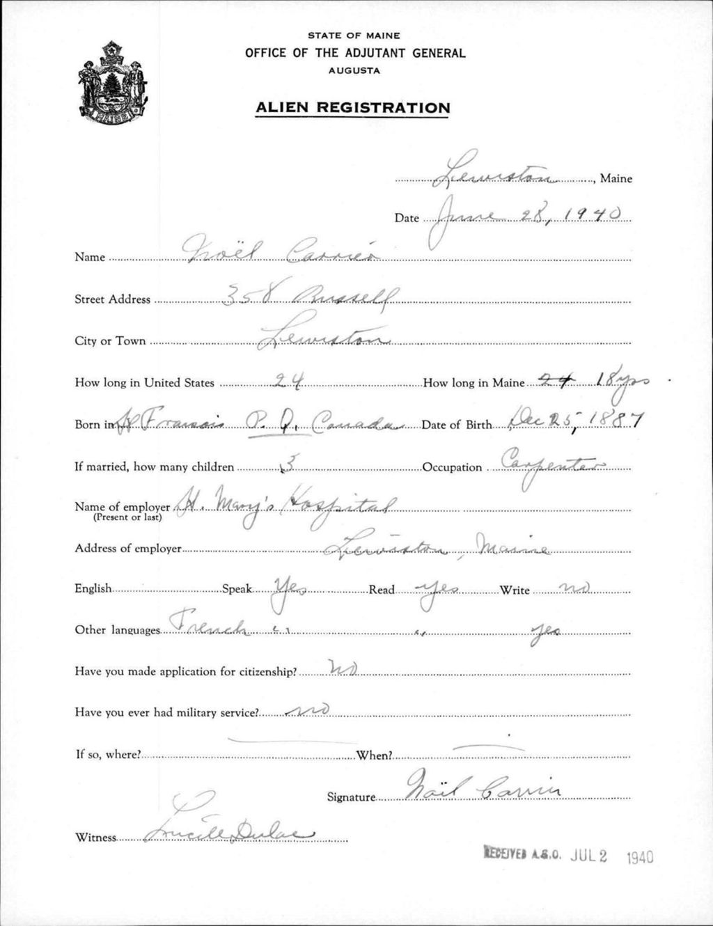 Miniature of Alien Registration- Carrier, Noel (Lewiston, Androscoggin County)